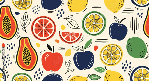 Vibrant fruit pattern featuring apples, lemons, limes, grapefruits, and papayas.