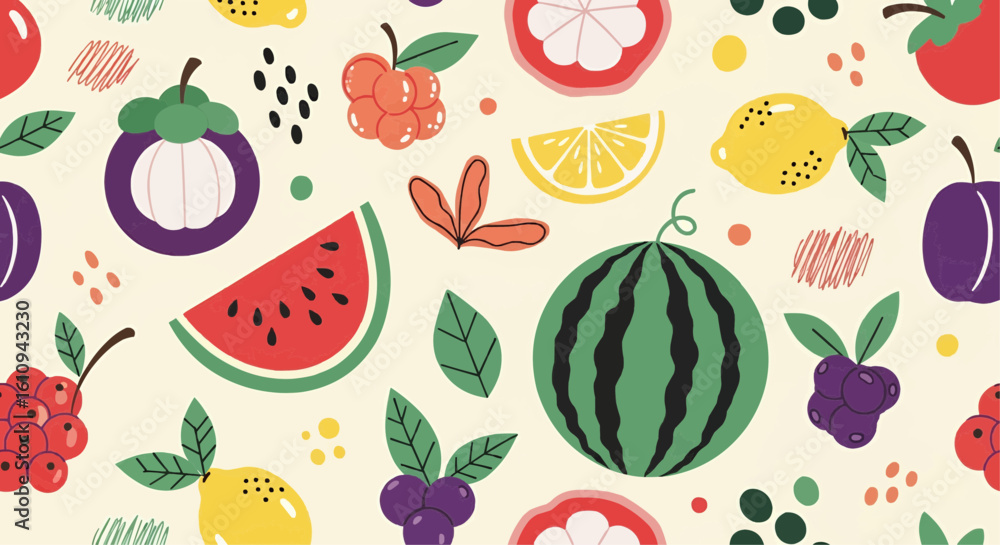 Vibrant seamless pattern featuring a delightful array of summer fruits, including watermelon, lemons, and berries. Vibrant seamless pattern featuring a delightful array of summer fruits, including watermelon, lemons, and berries.