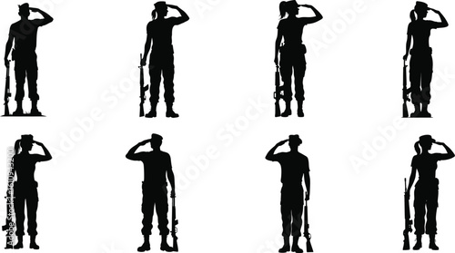 Silhouette of soldiers saluting with rifles in a distressed grunge style