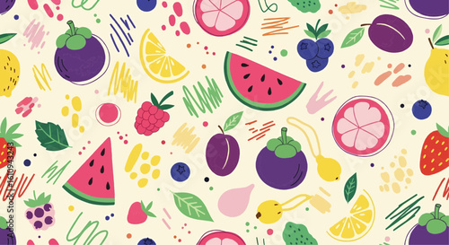 Vibrant summer fruit salad seamless pattern background. A playful doodle illustration with exotic and fresh organic fruits for healthy eating.
