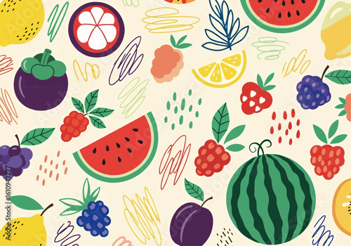 Vibrant summer fruit pattern featuring watermelon, mangosteen, raspberries, blackberries, lemons, and plums.