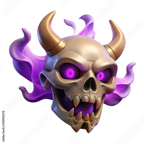 Stylized 3D demon skull with golden horns and purple energy isolated on transparent background