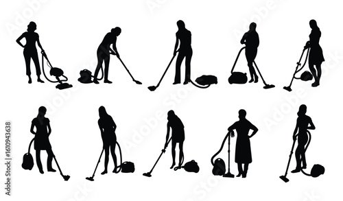 woman vacuuming silhouette illustration set