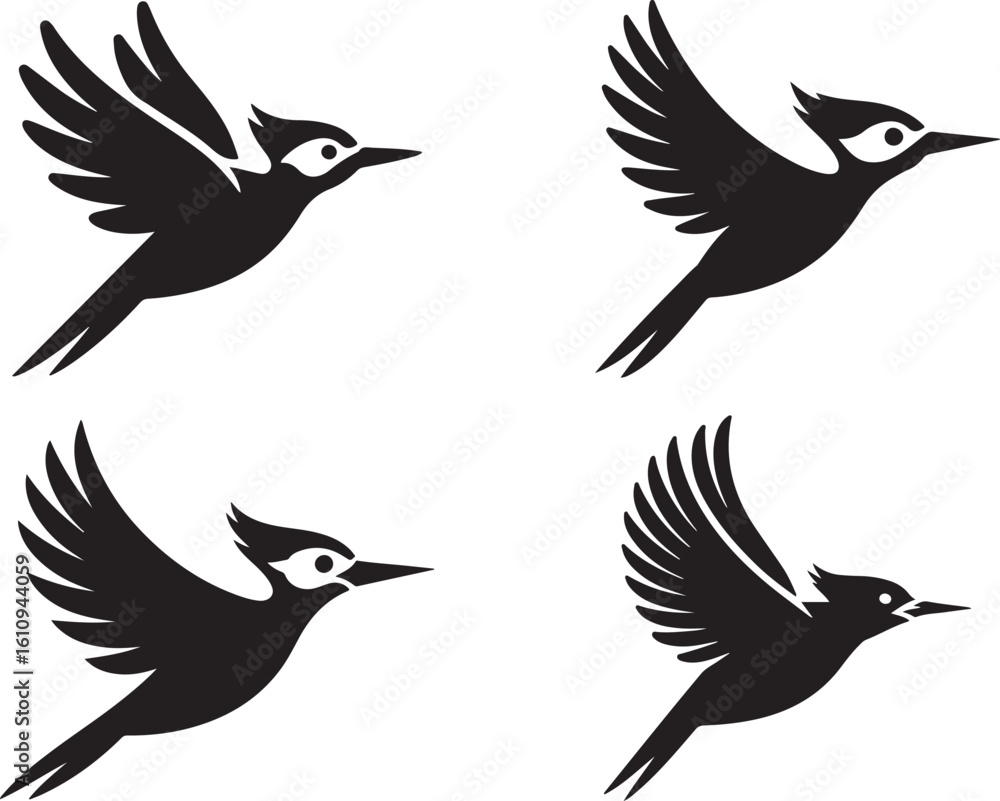 Naklejka premium Woodpecker Silhouette Vector Icon Set, Black Bird Perched and Pecking Tree Trunk Design, woodpecker symbol illustration.