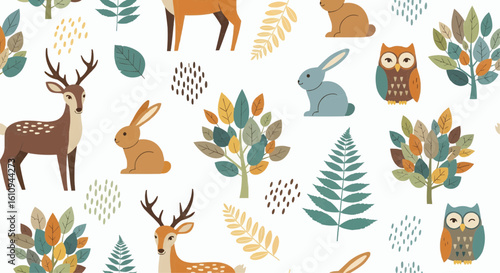 Seamless pattern featuring stylized deer, rabbits, owls, trees, and leaves on a white background.