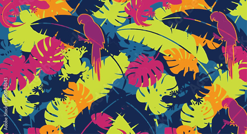 Vibrant seamless pattern of colorful parrot, frog, and tropical leaf silhouettes. An exotic jungle pop art background for modern design.