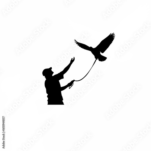 Silhouette of conservationist releasing bird with tracking device on white background