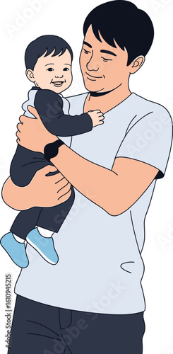Happy Father Holding Baby Son in His Arms – Family Love and Parenting Concept Illustration