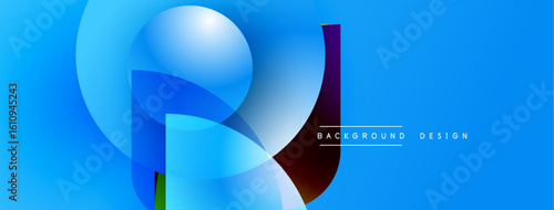 Abstract blue design features layered shapes, gradients, smooth curves. Modern aesthetic, vibrant colors, dynamic composition. Background elements present.