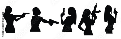Silhouettes of women with weapons in their hands set. Vector illustration is simple