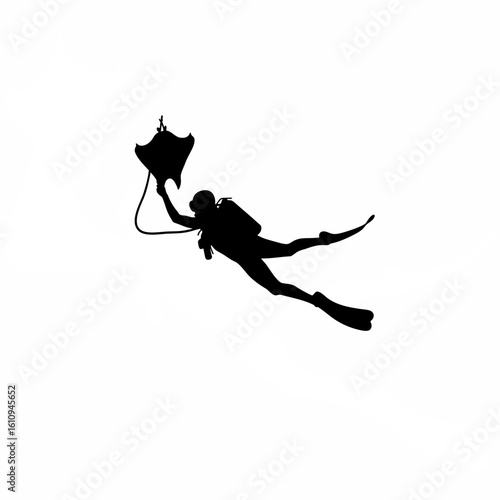 Silhouette of diver bringing marine specimen to surface on white background