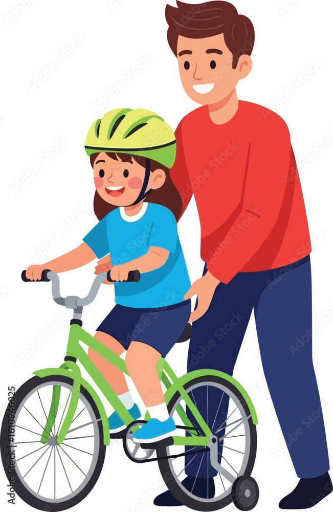Fototapeta premium Father Teaching His Child to Ride a Bicycle – Parenting and Outdoor Activity Illustration