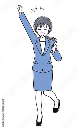 右手を挙げてはしゃぐスーツのOLさん（シンプル）