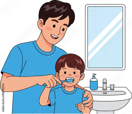 Father Helping His Child Brush Teeth in Bathroom – Morning Routine and Parental Care Illustration