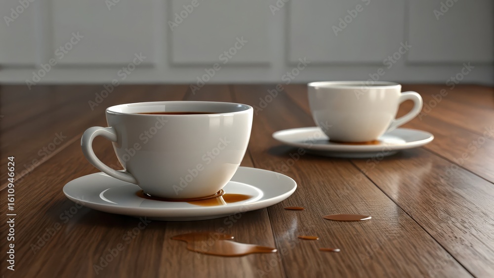 Fototapeta premium Two coffee cups on saucers with spilled coffee on a wooden surface.