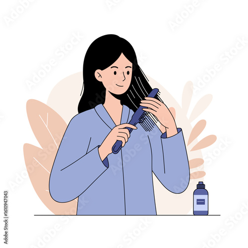 Young woman combing her hair while standing in a modern bathroom  