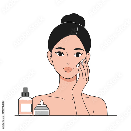 Young woman applying skincare product on her face at home  