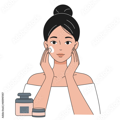 Young woman applying skincare cream at home with beauty products  