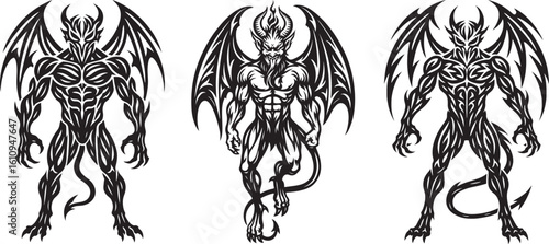 Three stylized winged demonic figures in black and white