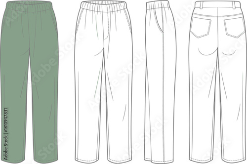 CAD drawing flat vector illustration of men’s loose fit pants with waistband, side and back pockets, technical fashion design template for casual and everyday wear