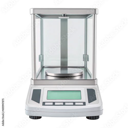 Precision weighing scale with a glass enclosure.