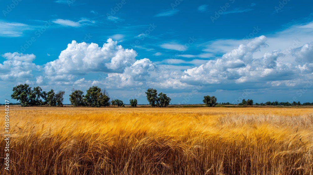 Golden wheat field under vast blue sky with distant trees - high-definition harvest season photography Golden wheat field under vast blue sky with distant trees - high-definition harvest season photography