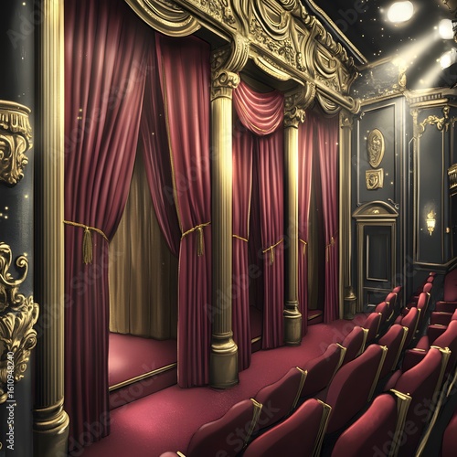 Opulent theater interior with red velvet curtains and ornate gol