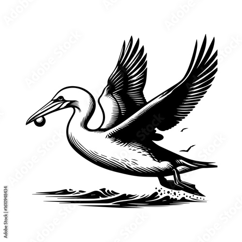 A gannet bird flies over the ocean with a fish