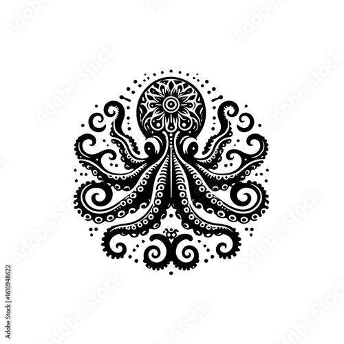 An ornate black octopus illustration with swirling tentacles