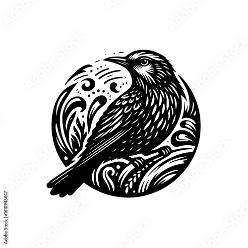 A stylized black bird perched within a circular design