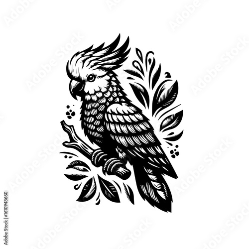 A stylized cockatoo perched on a branch with foliage