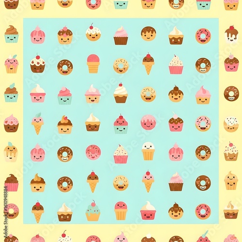 A cheerful pattern of cute kawaii desserts. Cartoon illustration of smiling cupcakes, donuts, and ice cream cones on a colorful background