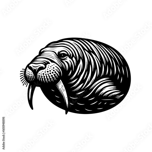 A detailed illustration of a walrus head with tusks