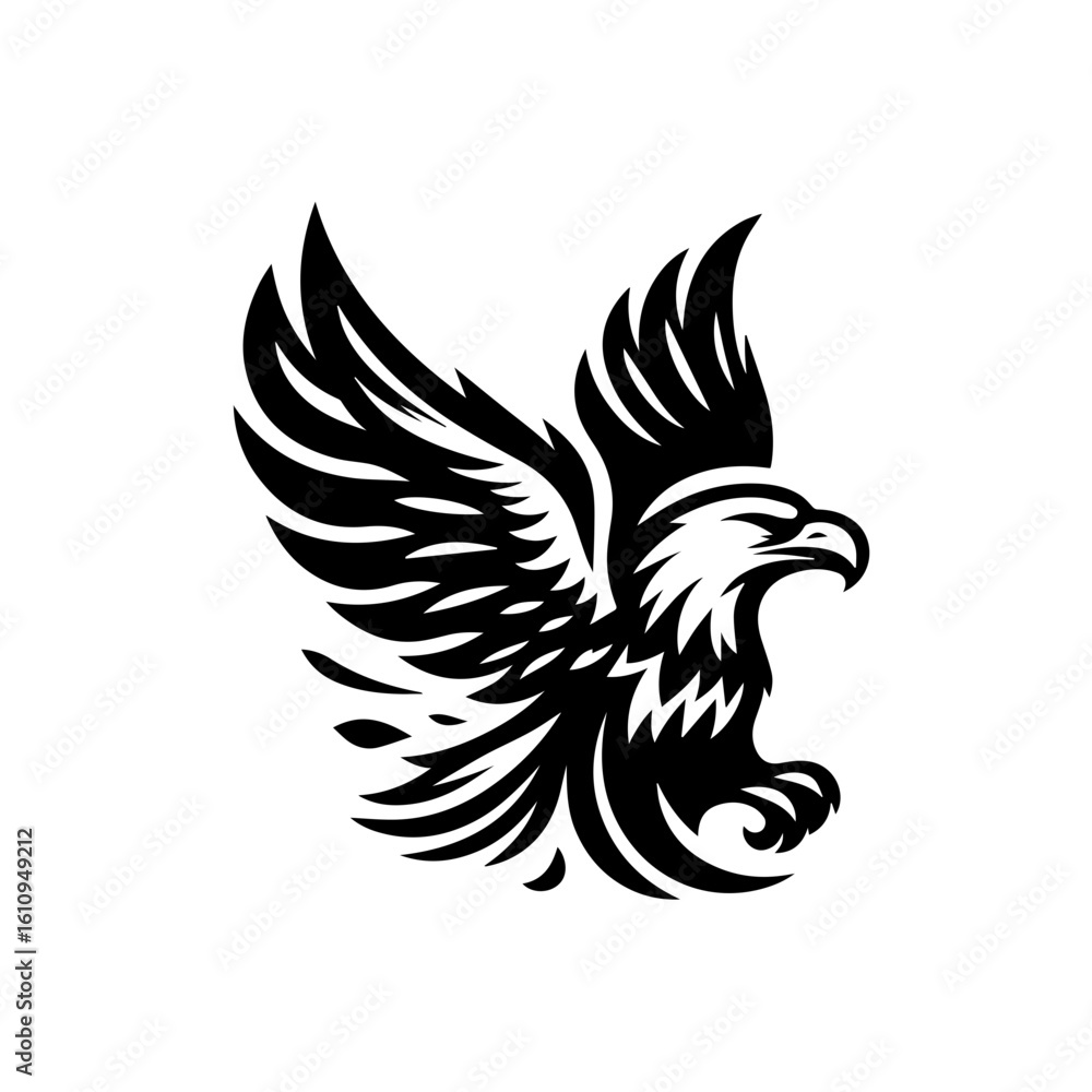 Obraz premium A majestic eagle in flight, depicted in a bold black and white graphic style