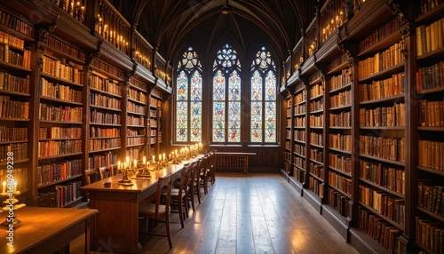 Wallpaper Mural Grand Library Hall with Stained Glass Windows and Candlelit Table Setting Torontodigital.ca