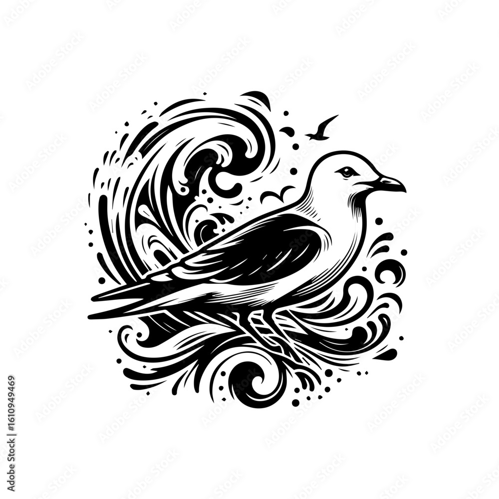 Fototapeta premium Seagull in flight above swirling ocean waves and abstract patterns