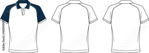 Cad drawing flat vector illustration of men’s polo t-shirt design, front and back view, short sleeve, contrast shoulder fashion sketch.