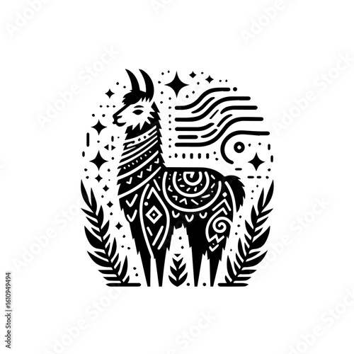 Llama illustration with ornate patterns and celestial elements