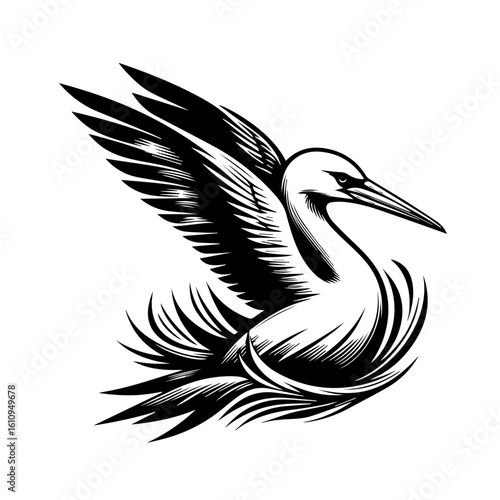 A stork bird with wings spread in midflight