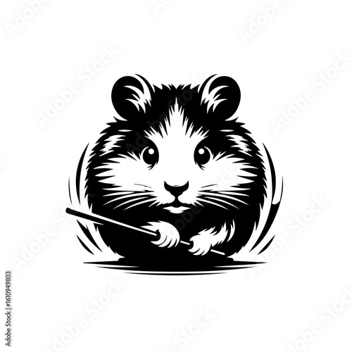 A cute hamster holding a stick, isolated on white background
