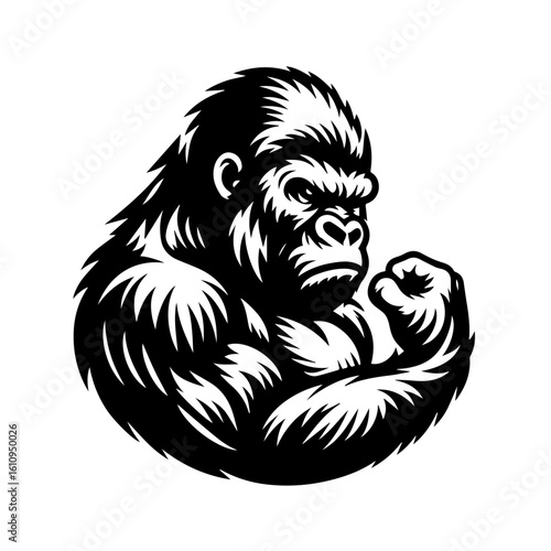 A powerful gorilla flexing its bicep