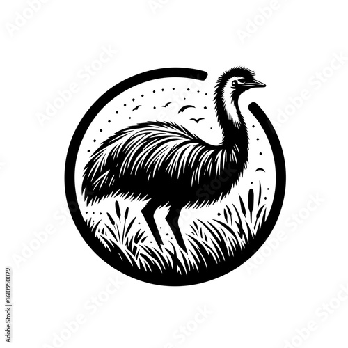 An emu standing in tall grass within a circle