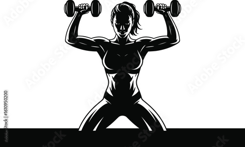 Muscular woman lifting dumbbells fitness exercise