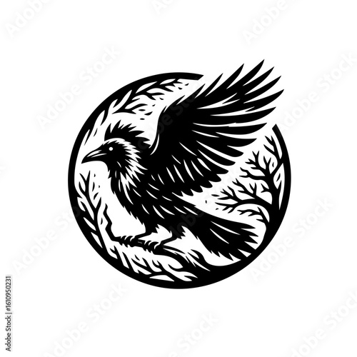 A raven in flight amidst branches, depicted in a circular drawing