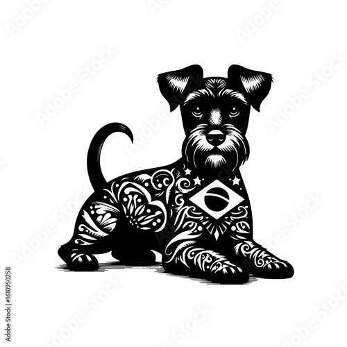 A schnauzer dog with brazilian flag tattoo art
