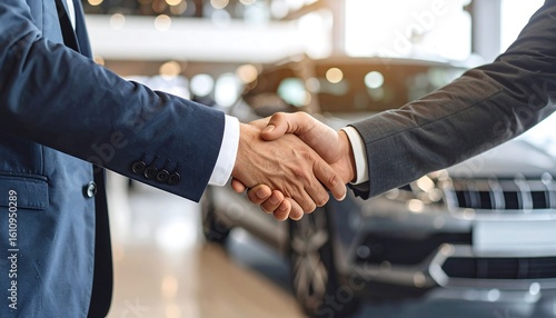 Two men in suits shake hands in a car dealership