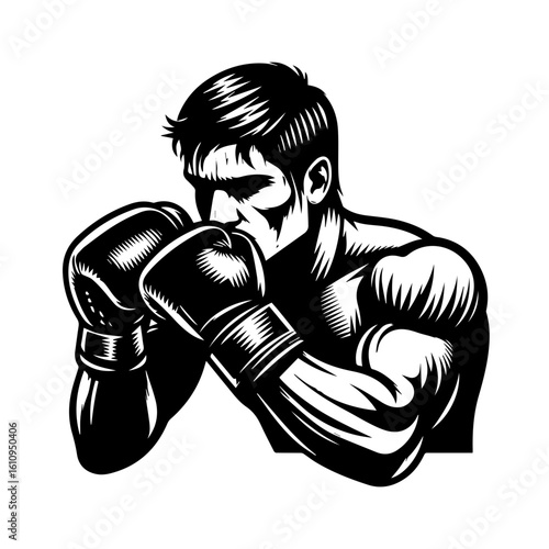 Boxer in fighting stance with powerful fists and intense gaze