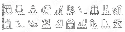 Water Slide Pack of Thin Icons. Editable Stroke. Perfect for Web Sites, Books, Cards, Apps