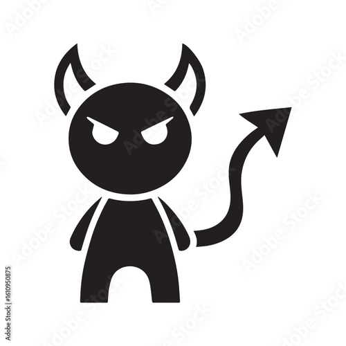 Cute Devil Icon, Black Silhouette of a Mischievous Cartoon Demon Character, Simple Vector Graphic.
