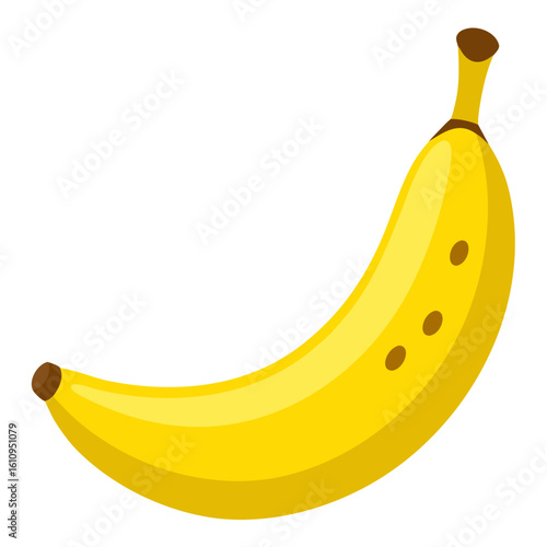 Bright yellow banana fruit with brown spots isolated on white background